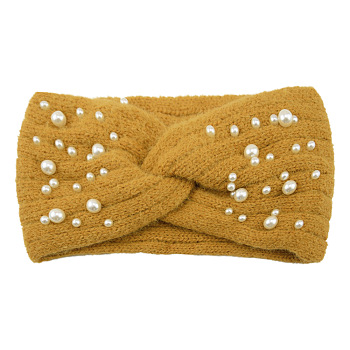 Acrylic Fiber Knitted Yarn Warmer Headbands, with Plastic Imitation Pearl, Soft Stretch Thick Cable Knit Head Wrap for Women, Goldenrod, 210x110mm