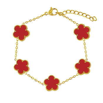 Acrylic Flower Link Chain Bracelet, Real 18K Gold Plated Stainless Steel Bracelet, Red, 6-3/4 inch(17cm)
