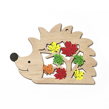 Single Face Printed Wood Big Pendants, Autumn Charms with Maple Leaf, Hedgehog, 92x130x3mm, Hole: 4mm