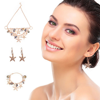 Trendy Starfish and Conch Jewelry Sets, Bib Beach Necklaces and Dangle Earrings and Trendy Charm Bracelets, Golden, 18.9 inch(48.2cm), 51mm, Pin: 0.6mm, 1set, 7-3/8 inch(187mm), 1strand, 16x12x3cm