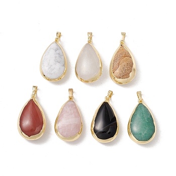 Natural Gemstone Pendants, with Light Gold Tone Brass Findings, Cadmium Free & Lead Free, Mixed Dyed and Undyed, Teardrop, 35~36x20~21.5x11~13mm, Hole: 8x5mm
