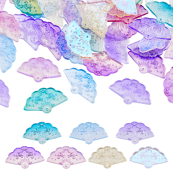 70Pcs 7 Colors Transparent Spray Painted Glass Pendants, with Single Face Glitter Powder, Fan Charms, Mixed Color, 20x34.5x3.5mm, Hole: 1.2mm, 10Pcs/color