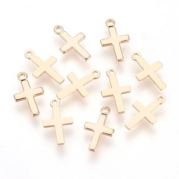 Brass Charms, for DIY Jewelry Making, Cross, Nickel Free, Real 18K Gold Plated, 10x6x1mm, Hole: 0.8mm