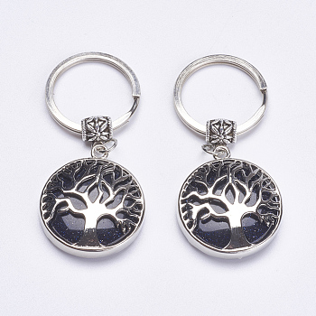 Synthetic Blue Goldstone Keychain, with Brass Finding, Flat Round with Tree of Life, 64mm