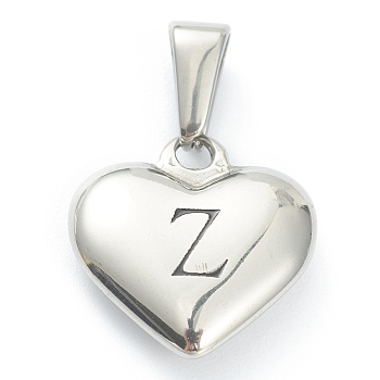 304 Stainless Steel Pendants, Heart with Black Letter, Stainless Steel Color, Letter.Z, 16x16x4.5mm, Hole: 7x3mm