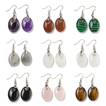 Rack Plating Oval Brass Dangle Earrings, with Natural & Synthetic Mixed Stone, Cadmium Free & Lead Free, 51x18mm