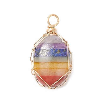 Chakra Natural Mixed Gemstone Copper Wire Wrapped Pendants, Oval Charms, Light Gold, 26x14.5x6mm, Hole: 2.5~3mm