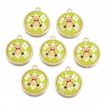 Resin Pendants, with Light Gold Plated Alloy, Cadmium Free & Nickel Free & Lead Free, Flat Round with Bear, Green Yellow, 18.5x16x5mm, Hole: 1.4mm