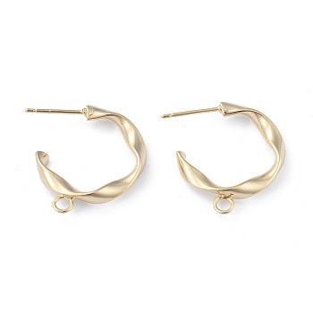 Brass Stud Earring Findings, with Loop, Half Hoop Earrings, Long-Lasting Plated, Twist Ring, Real 18K Gold Plated, 23.5x23x3mm, Hole: 2.5mm, Pin: 0.8mm