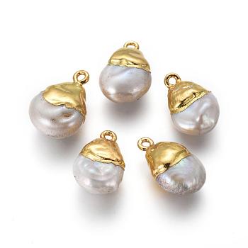 Natural Cultured Freshwater Pearl Pendants, with Brass Findings, teardrop, Golden, 19~25x12~15x6~9mm, Hole: 1.8mm