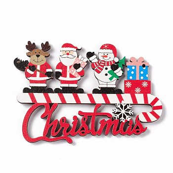 Christmas Decoration Wooden Door Plate, Wood Big Pendants for Door Hanging, Word Christmas with Reindeer/Stag & Santa Claus & Snowman & Gift Boxes, Colorful, 68x99x4mm, Hole: 2mm
