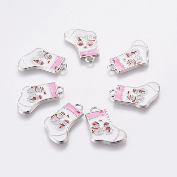 Alloy Enamel Pendants, Christmas Stockings Charms for Holiday Jewelry Making, Lead Free and Cadmium Free, Platinum Metal Color, White, 24~26x15~16x2mm, Hole: 2mm