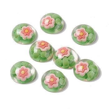 Transparent Flower Resin Cabochons, Half Round, Lime Green, Flower Pattern, 24.5x9.5mm