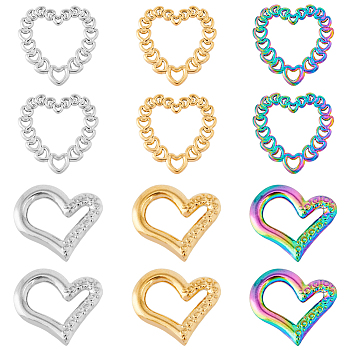 12Pcs 6 Style 304 Stainless Steel Linking Rings, Heart, Mixed Color, 17.5~20.5x20~21x1~2.5mm, Inner Diameter: 5.5~10.5x13~14mm, 2pc/style