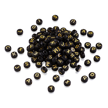 Opaque Acrylic Beads, Alphabet Style, Metal enlaced, Flat Round English Alphabet, Black, 7x4mm, Hole: 2mm, about 1000pcs/bag