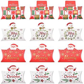 16Pcs 4 Styles Christmas Theme Paper Pillow Gift Boxes, Gift Packaging Boxes with Hanging Hole for Gift Wrapping, Snowman Santa Claus, Mixed Shapes, 13x2.75x11.5cm, 4pcs/style