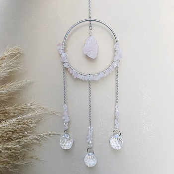 Glass Pendant Decoration, Suncatchers, with Metal Findings, Natural Rose Quartz, 400x90mm