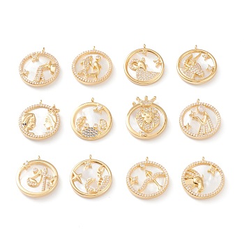 Real 18K Gold Plated Brass Micro Pave Clear Cubic Zirconia Pendants, with Shell, Long-Lasting Plated, Flat Round with Constellation, 12 Constellations, 21x18x3mm, Hole: 1.8mm