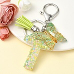 Resin & Acrylic Keychain, with Faux Suede Tassel Pendant & Alloy Findings, Letter T, 9.5cm(KEYC-YW00122-20)
