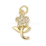 Brass Cubic Zirconia Pendants, with Jump Ring, Lead Free & Cadmium Free, Long-Lasting Plated, Rack Plating, Real 18K Gold Plated, Flower Charm, 17x10x2mm, Hole: 3mm(KK-L253-25G-01)