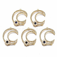 Brass Micro Pave Cubic Zirconia Links Connectors, Nickel Free, Moon, Real 18K Gold Plated, 27x21x4mm, Hole: 1mm(KK-Q277-044-NF)