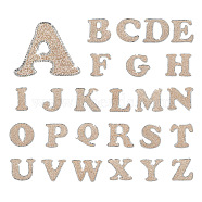 26 Letters Cloth Iron/Sew on Patches, with Crystal Rhinestone & Glitter Powder, Costume Accessories, Alphabet, Champagne Gold, 46~50x25~65x1.5mm, 26pcs/set(PJ-TAC0004-04B)