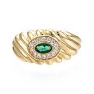 Cubic Zirconia Oval Chunky Open Cuff Ring for Women, Real 18K Gold Plated, Nickel Free, Green, US Size 6 3/4(17.1mm)(RJEW-N035-096B)
