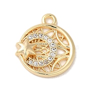 Brass Micro Pave Cubic Zirconia Charms, Flat Round with Moon & Star, Golden, 13x11x2.2mm, Hole: 1.2mm(KK-D071-02G)