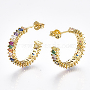 Brass Micro Pave Cubic Zirconia Stud Earrings, Half Hoop Earrings, Real 18K Gold Plated, 20x4mm, Pin: 0.7mm(EJEW-S201-50)