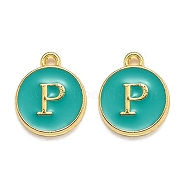 Golden Plated Alloy Enamel Charms, Enamelled Sequins, Flat Round with Alphabet, Letter.P, Green, 14x12x2mm, Hole: 1.5mm(X-ENAM-Q437-15P)