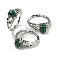 Oval Natural Malachite Adjustable Rings, Brass Clear Cubic Zirconia Ring for Women, Long-Lasting Plated, Lead Free & Cadmium Free, Platinum, Inner Diameter: 18mm(RJEW-Q818-01P-07B)