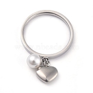 Dual-use Items, 304 Stainless Steel Finger Rings or Pendants, with Plastic Round Beads, Heart, White, Stainless Steel Color, US Size 7(17.3mm)(RJEW-O045-05C-P)