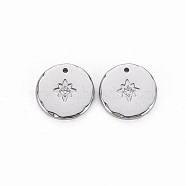 304 Stainless Steel Charms, with Micro Pave Clear Cubic Zirconia, Cadmium Free & Nickel Free & Lead Free, Flat Round, Stainless Steel Color, 12x1.5mm, Hole: 0.9mm(STAS-N097-091P-NR)