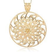 Golden Plated Alloy Big Pendants, Flat Round with Flower Pattern, 64x52x4mm, Hole: 5x10mm(PALLOY-J220-15G)