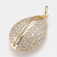 Brass Micro Pave Cubic Zirconia Pendants, with Jump Rings, Shell Shape, Golden, 21x12.5x6mm, Hole: 3mm(KK-I614-067G2)