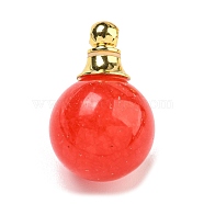 Natural Dyed White Jade Perfume Bottle Pendants, with 304 Stainless Steel Findings, Round, Red, 25x16mm, Hole: 2mm(G-K338-22G-12)