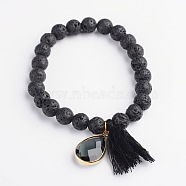 Round Natural Lava Rock Charm Bracelets, with Teardrop Glass Charms and Cotton Tassels, 53mm(BJEW-D390-03)