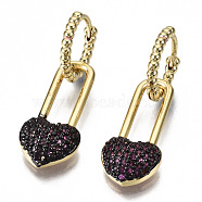 Brass Micro Pave Cubic Zirconia Dangle Huggie Hoop Earrings, Nickel Free, Heart, Real 16K Gold Plated, Old Lace, 29mm, Pin: 1mm(EJEW-S208-109B-NF)