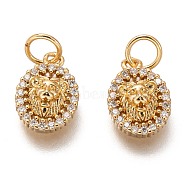 Brass Micro Pave Clear Cubic Zirconia Charms, Long-Lasting Plated, with Jump Ring, Oval with Lion, Golden, 12x8x3.5mm, Jump Ring: 5x1mm, 3mm Inner Diameter(ZIRC-C020-54G)