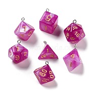 7Pcs 7 Styles Opaque Resin Polyhedral Dice Pendants Set, Glitter Multi-Sided Dice Charms with Platinum Plated Iron Loops, Mixed Shapes, Camellia, 20~28x19~24x17~24mm, Hole: 2mm, 1pc/style(RESI-A029-01S)