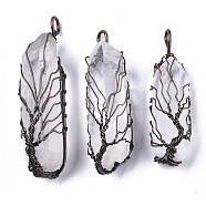 Natural Quartz Crystal Wire Wrapped Pendants, Rock Crystal, with Brass Wires, prismatic with Tree of Life, Red Copper, 48~62x14~17x13~18mm, Hole: 4x5~6mm(G-T133-R02E)