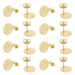 40Pcs Ion Plating(IP) 304 Stainless Steel Stud Earring Findings, with Hole and Friction Ear Nut, Textured Flat Round, Golden, 10mm, Hole: 1.2mm, Pin: 0.8mm(STAS-UN0042-98)