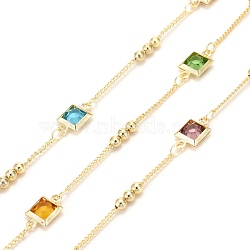 3.28 Feet Golden Brass Curb Chain, with Glass Beads, Long-Lasting Plated, Soldered, Colorful, Square: 11.5x6.5x3mm(X-CHC-H103-31A-G)