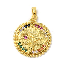 Rack Plating Brass Micro Pave Cubic Zirconia Pendants, Long-Lasting Plated, Lead Free & Cadmium Free, Flat Round with Snake, Golden, Colorful, 25x22x3.5mm, Hole: 4.5x3mm(KK-U022-13C-G)