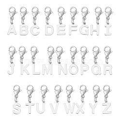 26Pcs 26 Styles 201 Stainless Steel Letter A~Z Pendant Decorations, with 304 Stainless Steel Lobster Claw Clasps, Stainless Steel Color, 25mm, 1pc/style(HJEW-UN00005)