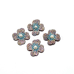 PU Leather Costume Accessories, with Resin Rhinstone, Applique Patch, Sewing Craft Decoration, Flower, Turquoise, 31~32.5x27~28x8mm(DIY-WH0001-85A)