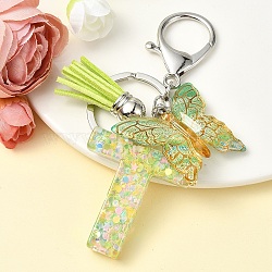 Resin & Acrylic Keychain, with Faux Suede Tassel Pendant & Alloy Findings, Letter T, 9.5cm(KEYC-YW00122-20)