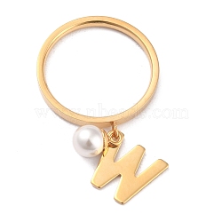 Dual-use Items, 304 Stainless Steel Finger Rings or Pendants, with Plastic Round Beads, Golden, White, Letter.W, US Size 5~9(15.7~18.9mm)(RJEW-O045-21-GW)