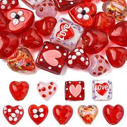 22Pcs 9 Styles Heart Theme Handmade Glass Beads, Mixed Shapes, Red, 12~15x12~17x7~10mm, Hole: 1~2mm(FOIL-FS0001-04)