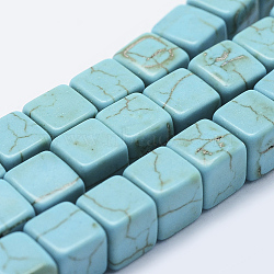 Synthetic Turquoise Beads Strands, Dyed, Cube, Turquoise, 6x6.5x6.5mm, Hole: 1mm, about 61pcs/strand, 14.7 inch(37.5cm)(TURQ-F009-02-6x6mm)